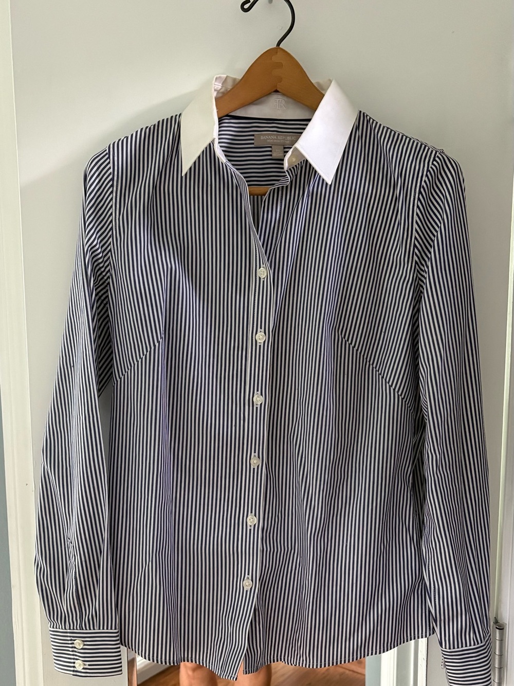 Women’s Navy Stripe Button-Up Shirt with White Contrast Collar